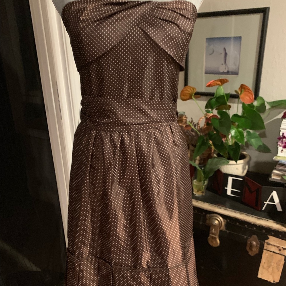 BCBG strapless pleated polka dot dress